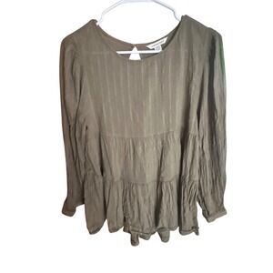American Eagle Olive Green Tiered Babydoll Blouse Open Back Long Sleeve Boho